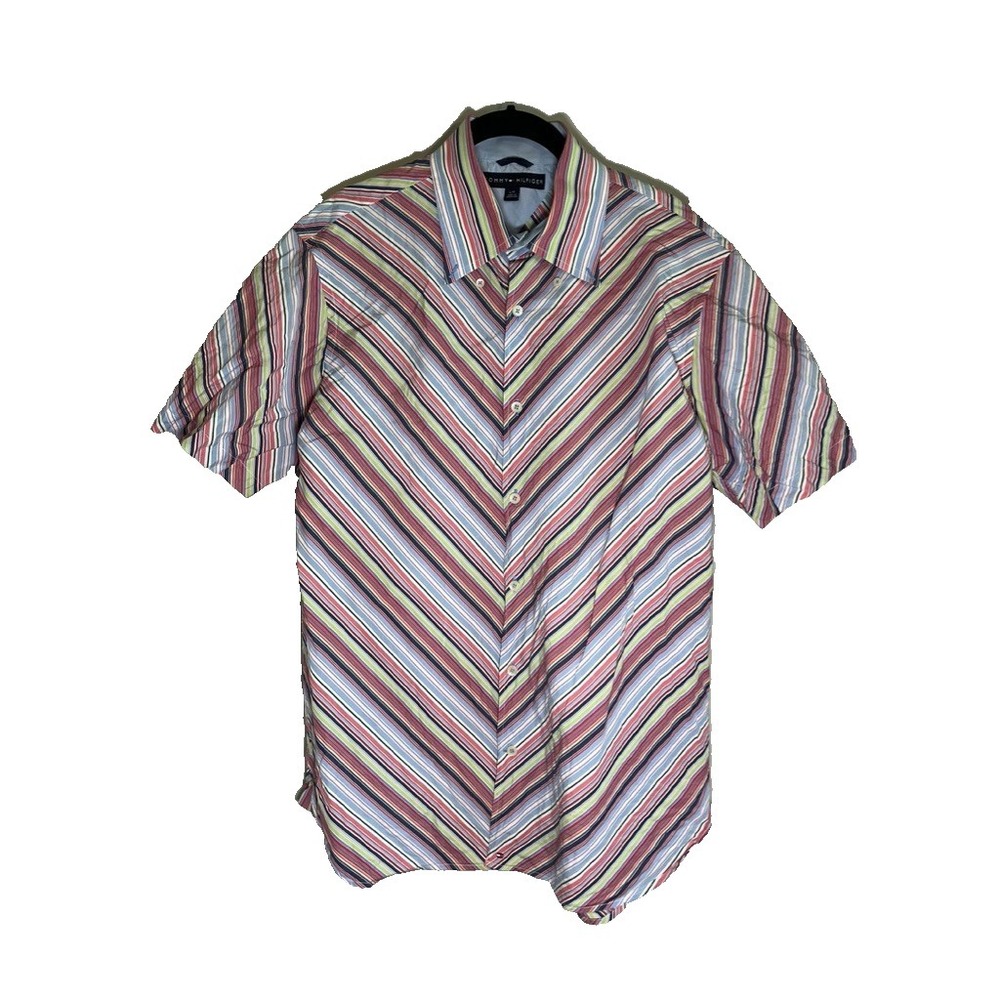 Tommy Hilfiger Striped Shirt‎ L Rainbow Preppy Resort Classic Chevron Disco 90s
